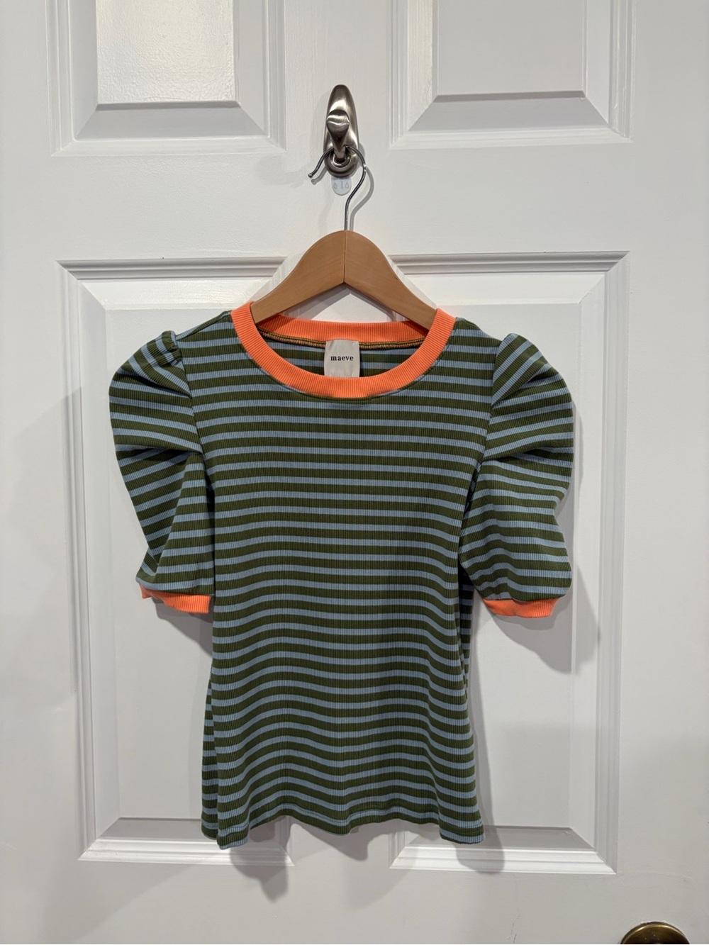 Maeve Olive and Light Blue Striped Puff Sleeve Top with Orange Trim